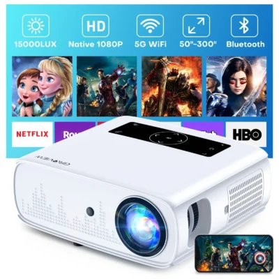 GROVIEW 1080P Projector, 15000 Lux, 490 ANSI, WiFi/Bluetooth, 300” Screen, 4K Support, Zoom, 5G Sync, HDMI/USB/AV/Smartphone